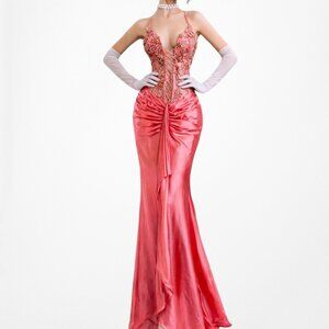 Vintage Y2K Pink Silk Floral Beaded Bustier Corset Ruffle Prom Maxi Dress Size M